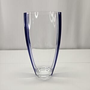 Vtg Glass Art Vase Flower Vase 12” Clear Cobalt Blue Stripe Heavy Crystal